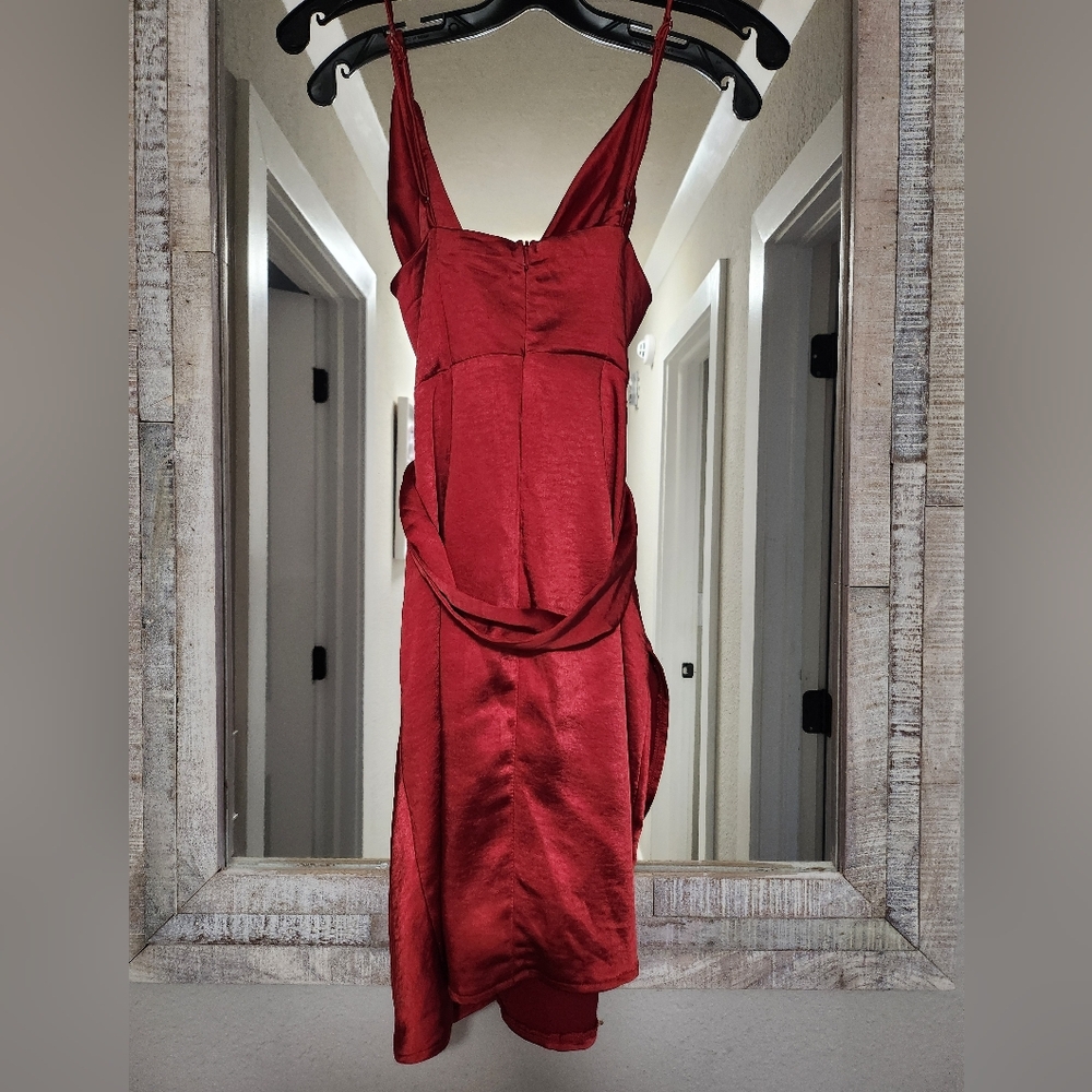 Selfie Leslie Bebe Satin Cowl Neck Wrap Dress Red - Picture 5 of 8